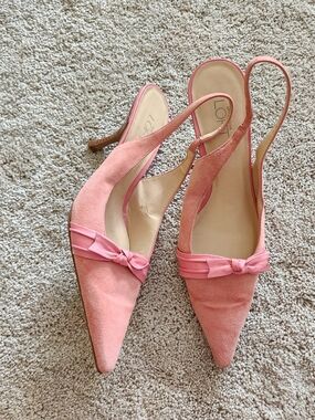 Y2K Vtg Suede Pink Pointed Toe Slingback Heel Made In Brazil Bow Coquette 8.5